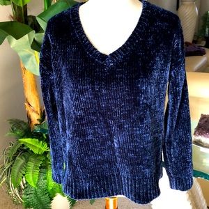 SZ S GAP CHENILLE DARK NAVY SWEATER V NECK LONG SLEEVE SO SOFT